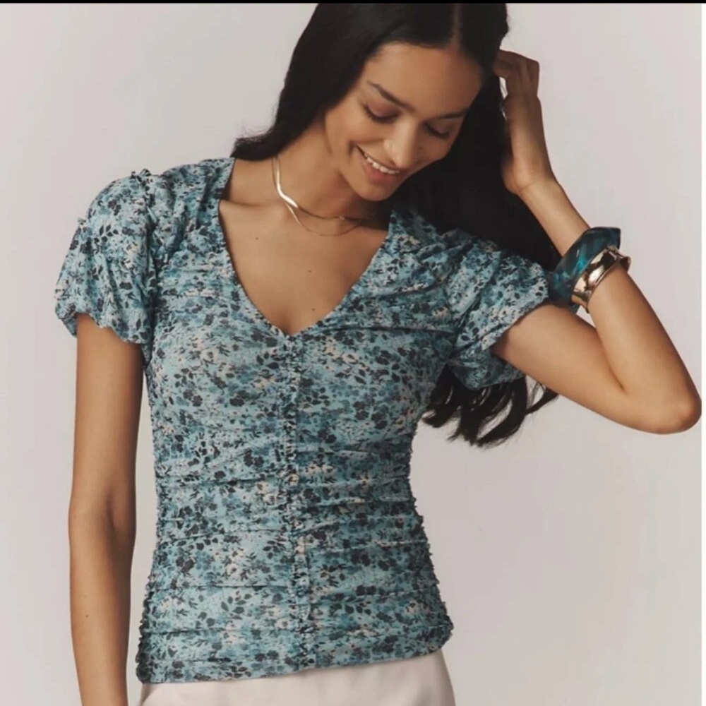 NWT Anthropologie Floral Romantic Boho Shirred Mesh Ruched Stretchy Top Size XL